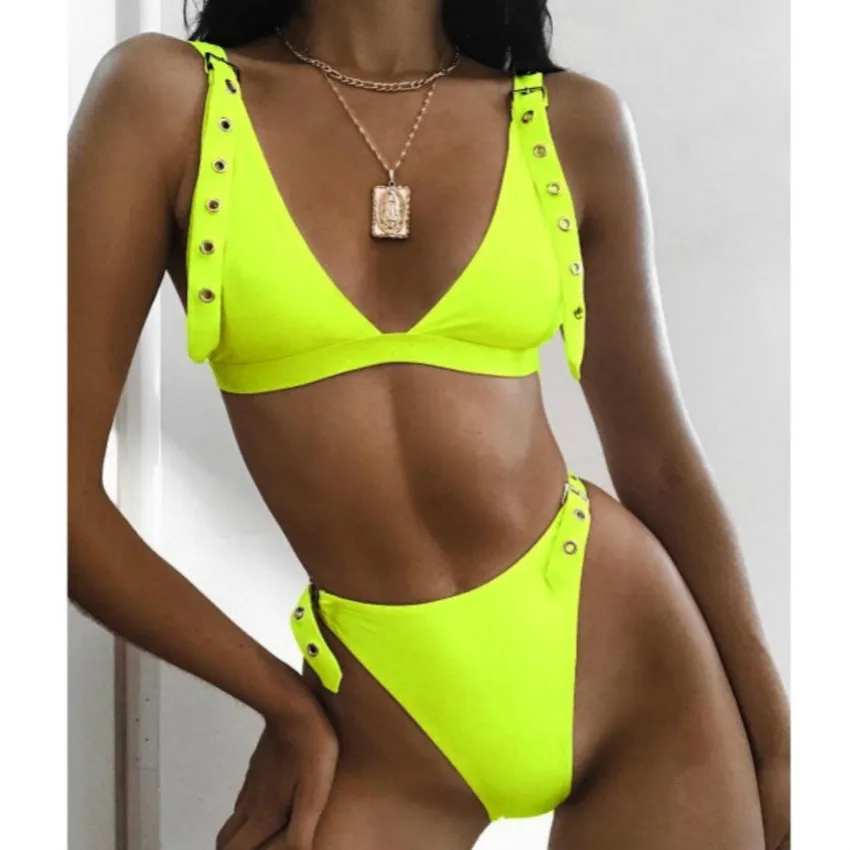 

Neon Green High Waist bikini 2019 Adjust Strap Swimsuit women Thong Swimwear Female Two pieces bikini set Brazilian Bathing Suit