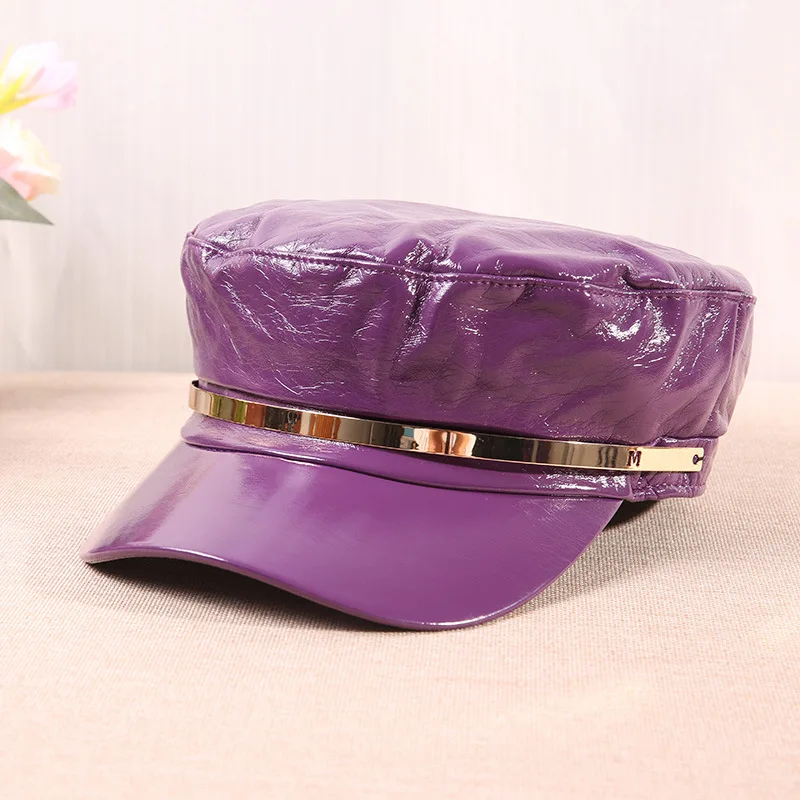 Black Purple PU Octagonal Hat Adult Leather Flat Casquette Beret Cap Autumn Winter Women Cap Japanese Street Patent Leather Hat