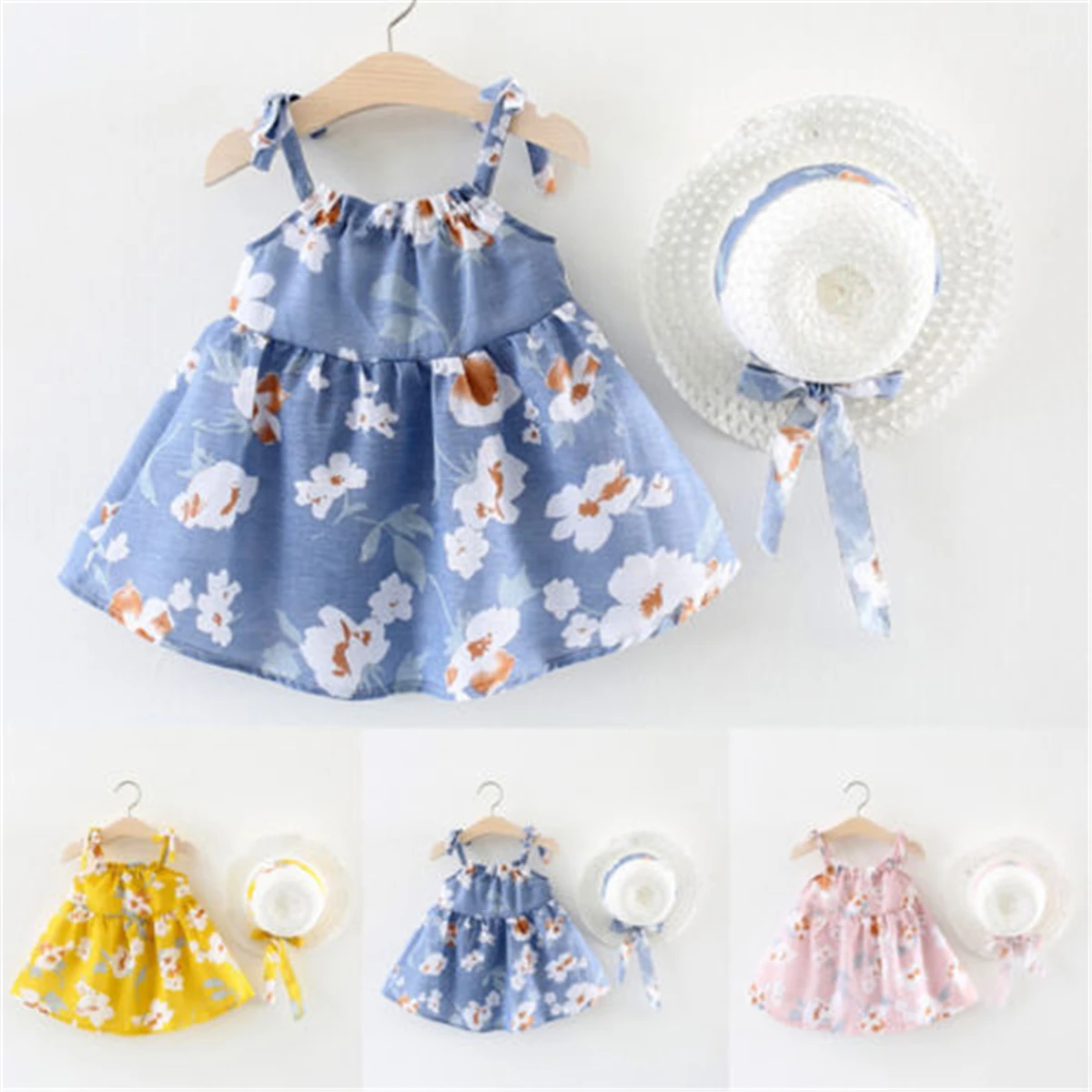 

Emmababy Cute Sleeveless Begonia Flower Skirt + Hat Kid Girls Summer Party Dress 2Pcs Sundress Clothes 0-3T