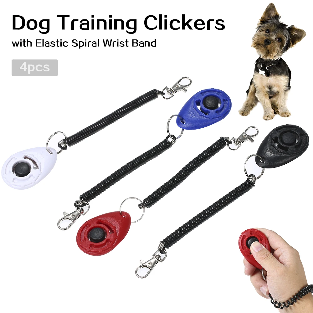 

4 * Dog Training Clicker with Elastic Spiral Wrist Band portable to carry High quality metal swivel snap for Dog Playing Toy