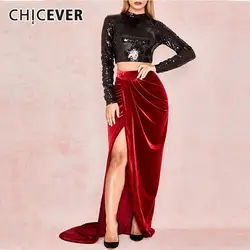 CHICEVER весенние комплекты для женщин Водолазка с длинным рукавом с пайетками короткая длина до пола платье сексуальный раздельный комплект