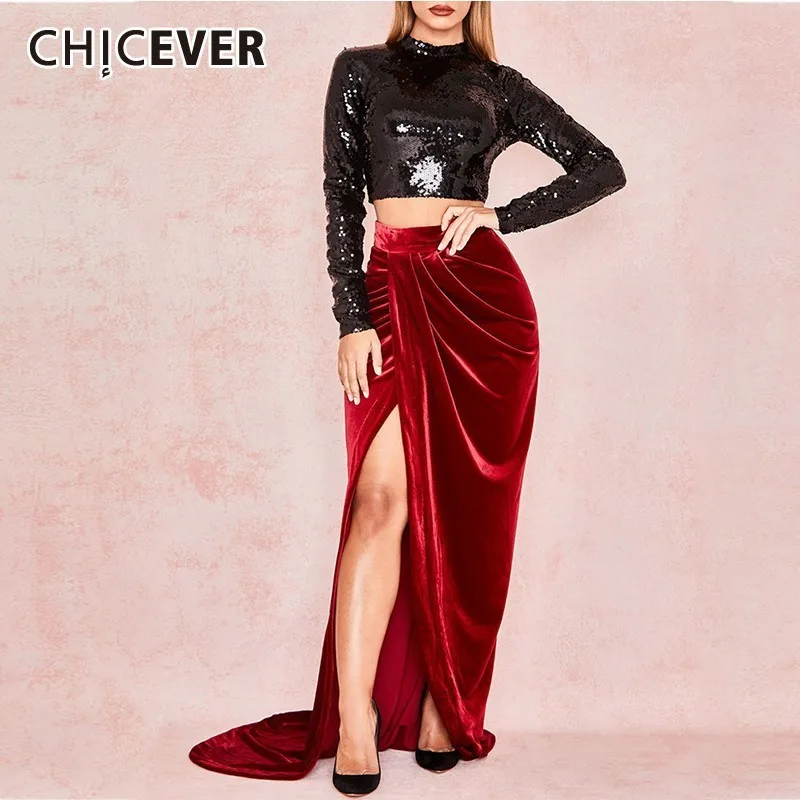 

CHICEVER Spring Sets For Women Turtleneck Long Sleeve Sequin Short Length Floor-Length Dress Sexy Split Set Female Fashion New