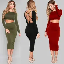 Round Neck Long Sleeve Sexy Backless Solid Color Bandage Dress Female Sensed Navel Short Top Long Dress Silm Two-piece Suit sexy style round neck long sleeve solid color backless women s dress
