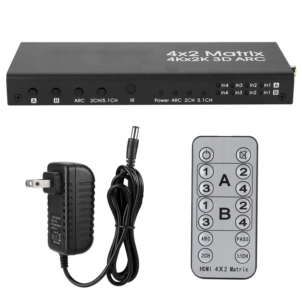 

HDMI Switch Video HDMI Converter HDMI Matrix 4x2 wiht US Plug Power Adapter + Remote Control 100-240V Support 3D video format