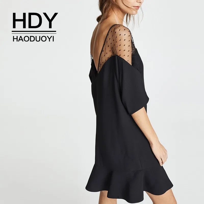 Comprar HDY Haoduoyi Sexy Color negro Collision moda vestido gasa Dot espalda descubierta volantes Vestidos Mujer verano nuevo envío gratis