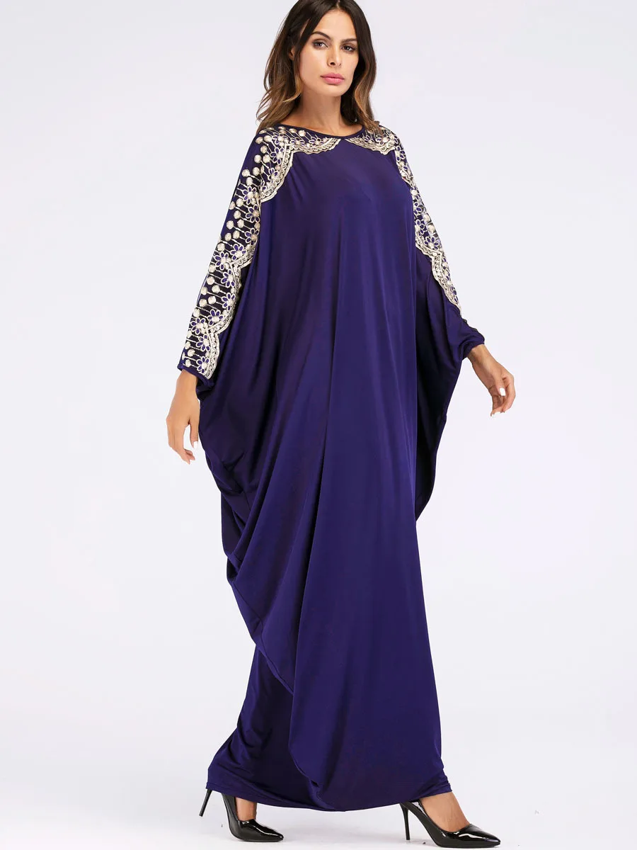 

New Polyester Embroidery Bat Sleeve Muslim Women Abaya Maxi Size Islamic Vintage Robe Kaftan Moroccan 7027