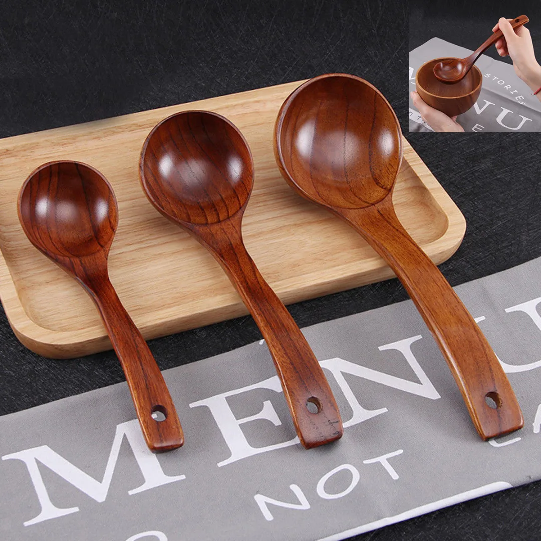 

1pc Quality Wooden Ladle Spoon Long Cooking Soup Spoon Soup Porridge Mixing Cooking Cookware Heat Resistant Kitchen Tool 3Sizes