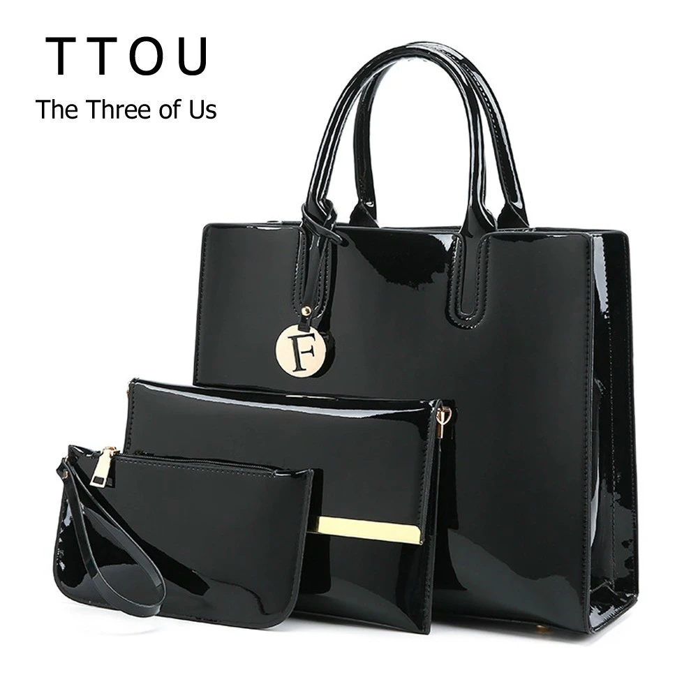 Bolsa de Couro Bolsa para Mulheres Marcas de Luxo Bolsa de Ombro da Forma Ttou Tote Bolsa Senhoras 3 Pçs – Set Lacado pu