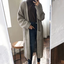 Большой длинный кардиган, пальто для женщин, осень, открытая передняя часть, длинный рукав, разрезы по бокам, свободная повседневная женская вязаная верхняя одежда, кардиганы