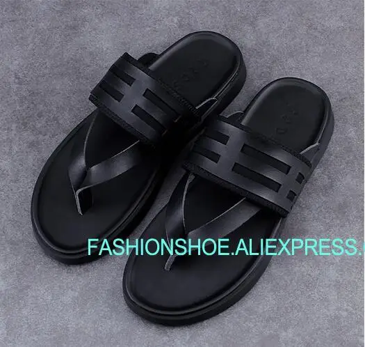 

Soft leather Flip flops Flat hee Black Mens Summer Beach Sandals Male Gladiators Flat heel Slippers