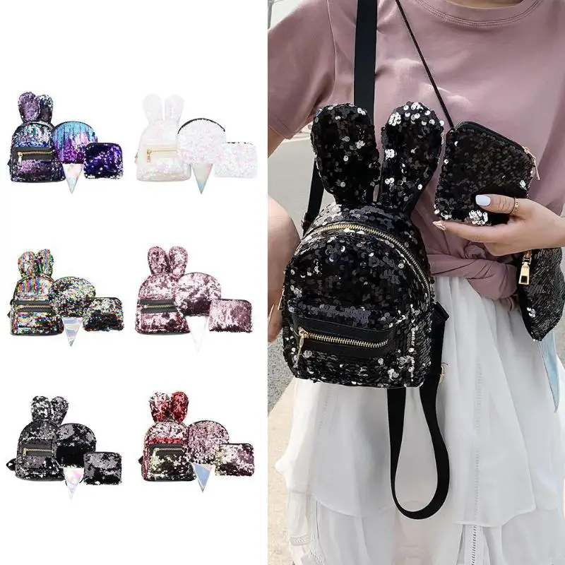 

3pcs/set Hot Sequin Mini Backpacks Rabbit Ear Women Multifunction Clutch Sweet Cute Teenager Girl Travel Shopping Shoulder Bags