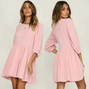 

Womens Holiday Casual Mini Dress Long Sleeve Solid Loose 2019 Ladies Summer Beach Swing Sun Dresses A Line Skater Dress