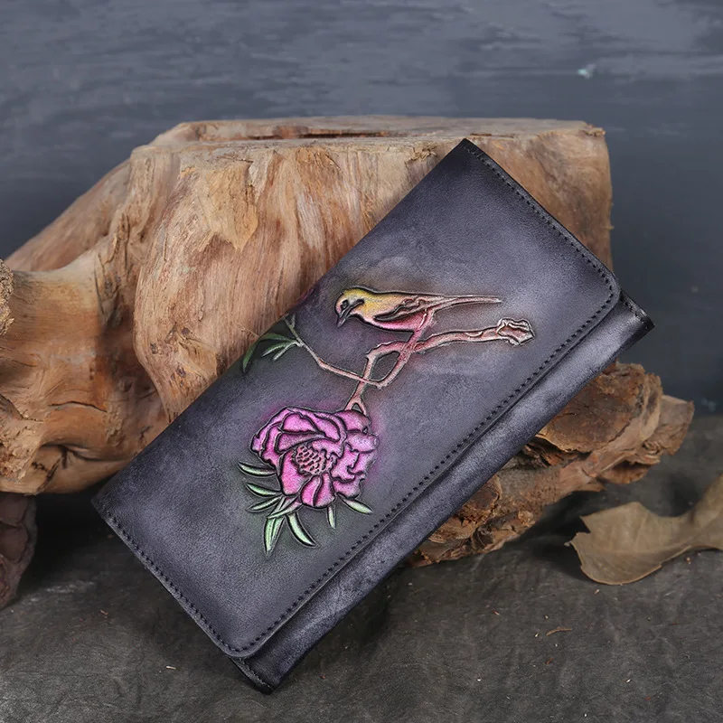 

Natural Skin Embossed Purse Money Bag ID Card Holder Coin Bird Flower Vintage Style Women Genuine Leather Long Handy Wallet New