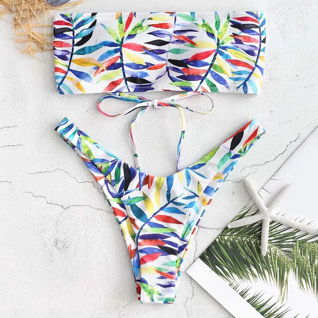 {Excellent|Wonderfull|Very Good|Very Recommended} ZAFUL Leaf Print Lace-Up High Leg Bikini Set Strapless Bandeau Bikini Padded Maillot De Bain Beachwear Swimsuit Best Price