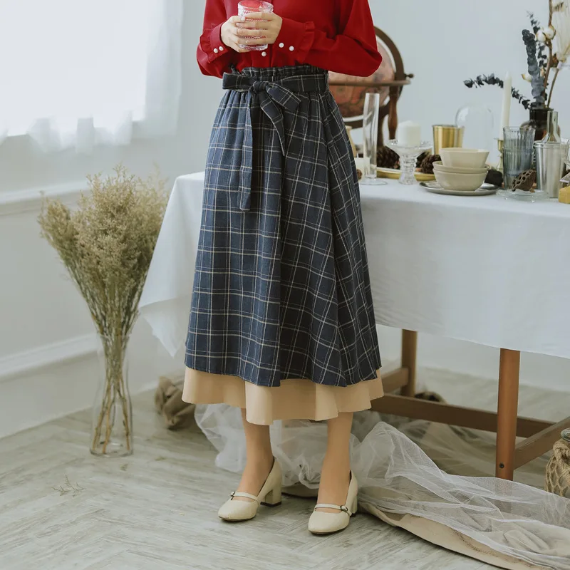 Весенне-осенняя длинная винтажная клетчатая юбка с эластичной талией в стиле Mori Girl