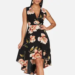 Для женщин богемный Цветочный принт платье пикантные с v-образным вырезом Асимметричный Подол без рукавов 2019 летнее вечернее платье одежда
