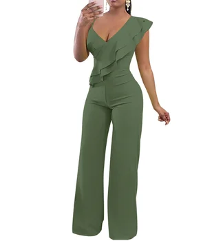 

Elegant Ruffle Sexy V Neck Women Jumpsuit Long Pants Solid Rompers Women'S Sleeveless High Waist Lady Overall Green Wine Red