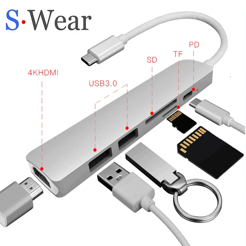 New Style Six-in-One Docking Station Type C Hub to HDMI Card Reader PD Charging USB30 | Электроника