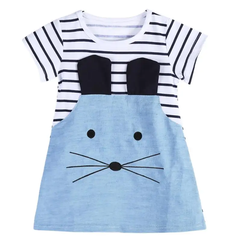 

Girls Summer Dresses Baby Girl O-neck Short Sleeve Cartoon Mouse Patchwork Striped Denim Cute Mini Dress Kids Children Clothes