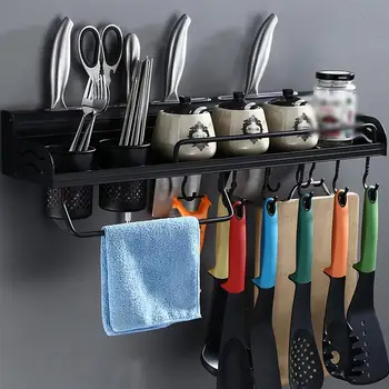 

Kitchen Storage Holder Multifunction Nailless Dual Use Kitchen Shelf Wall-mounted Knife Rack Holder with 10 Hooks Double Cups