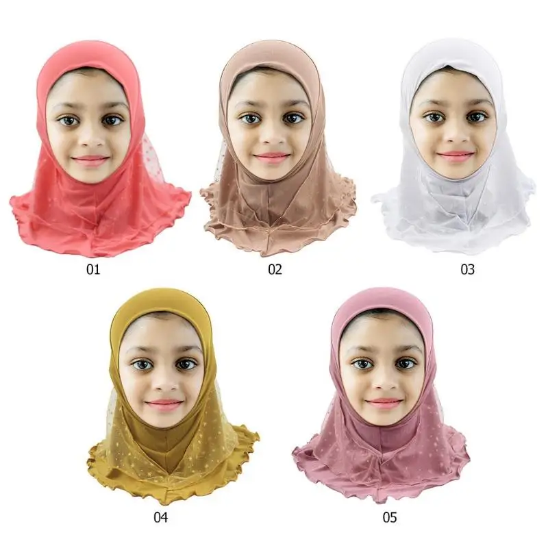 

Summer Girls Gauze Muslim Headscarf Breathable Children Elastic Neck Full Cover Scarf Soft Headwrap Caps for baby girls gifts