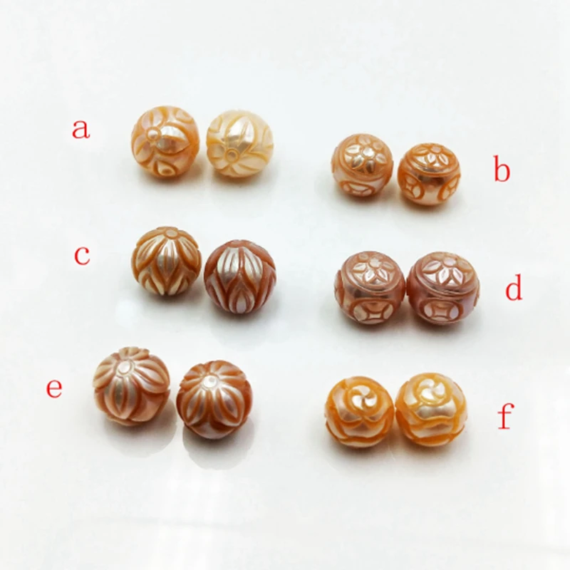 

1 pair Natural Round freshwater Pearls Hand Carved pink Pearl carved pearls beads whithout hole flower designs AAA 10~12 mm