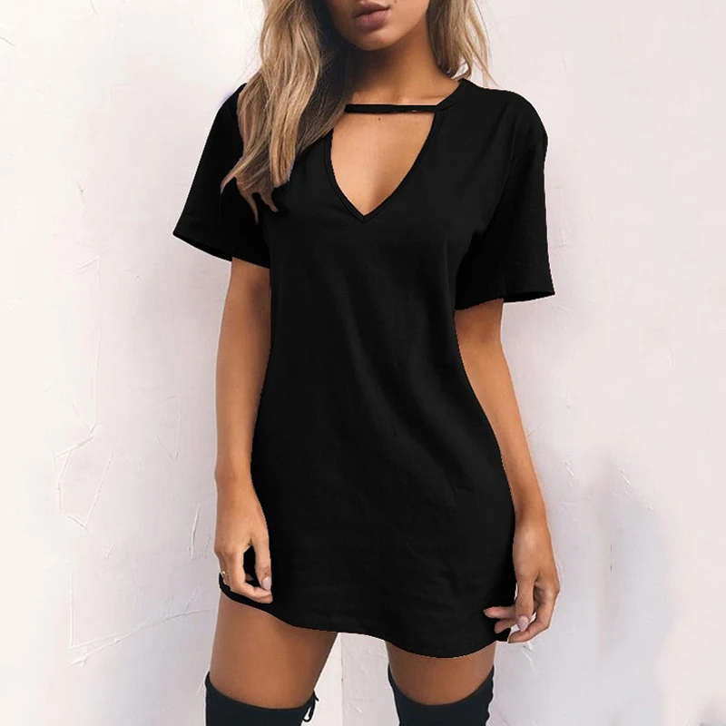 

Ladies Solid Color Sexy V-neck Sleeveless Long Loose Shirt Dress Choker Fashion