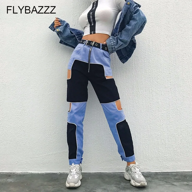 2019 Новый Harajuku в стиле хип хоп Штаны Для женщин пикантные открытые Высокая талия