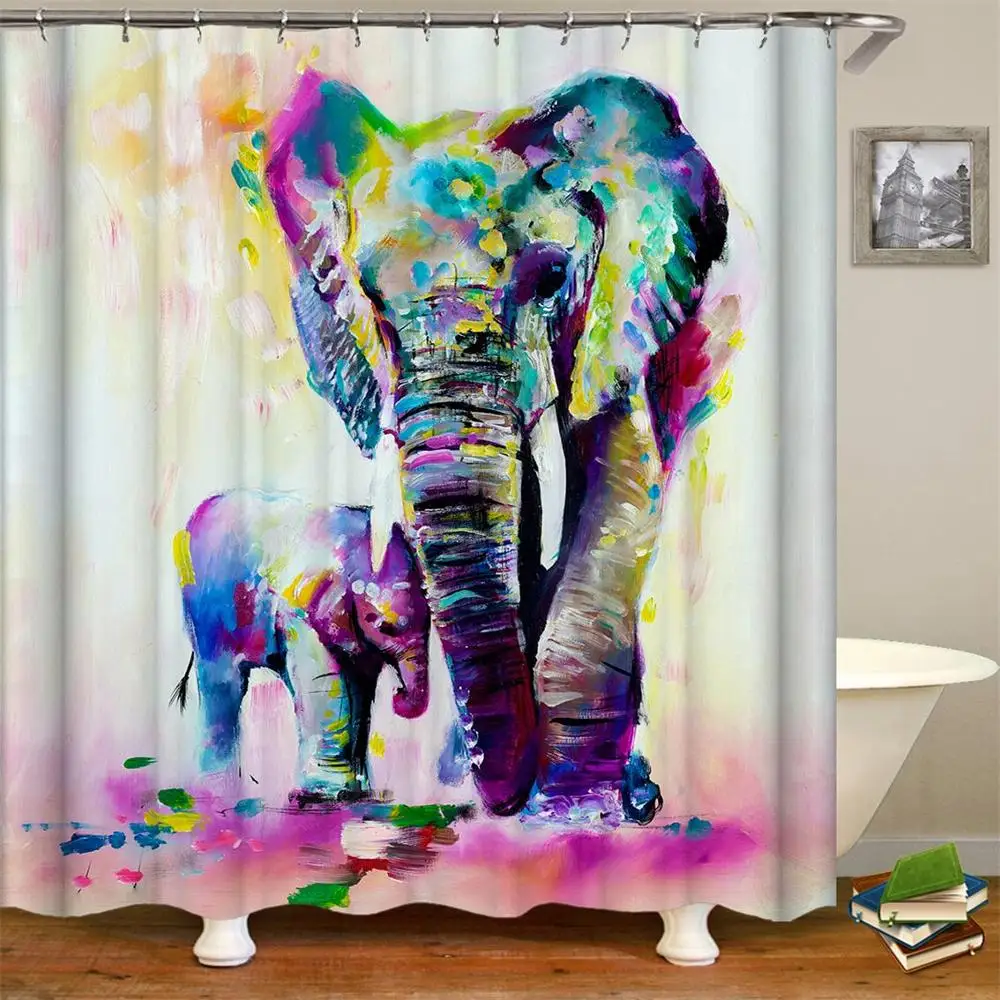 

Vintage Abstract Colorful Indian Elephants Family Oil Paintings Art Waterproof Polyester Fabric Shower Curtain