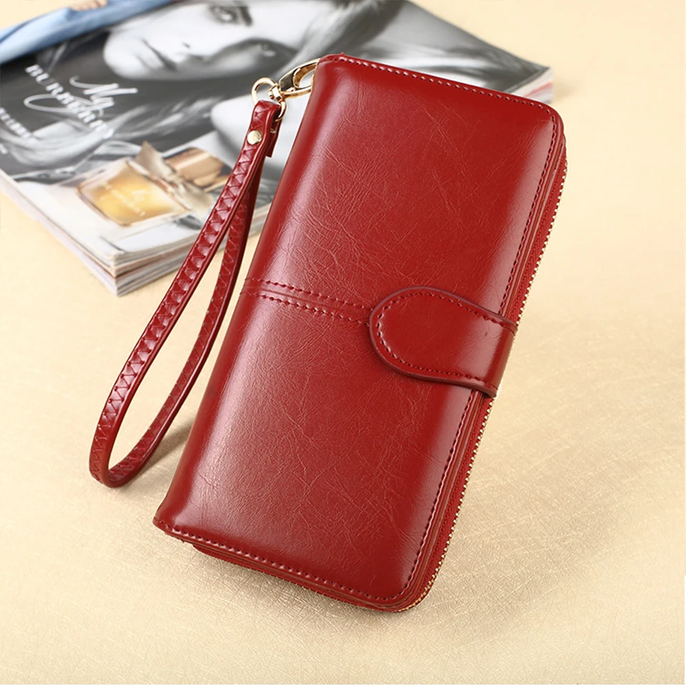 

Fashion Women Luxury Retro Long Solid Elegant Wallet Split PU Leather Wallet Female Long Wallet Zipper Purse Strap Coin Purse