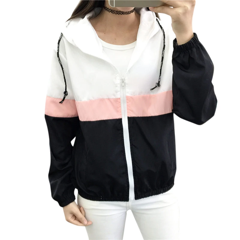 Autumn Casual Women Hooded Coat Contrast Color Pockets