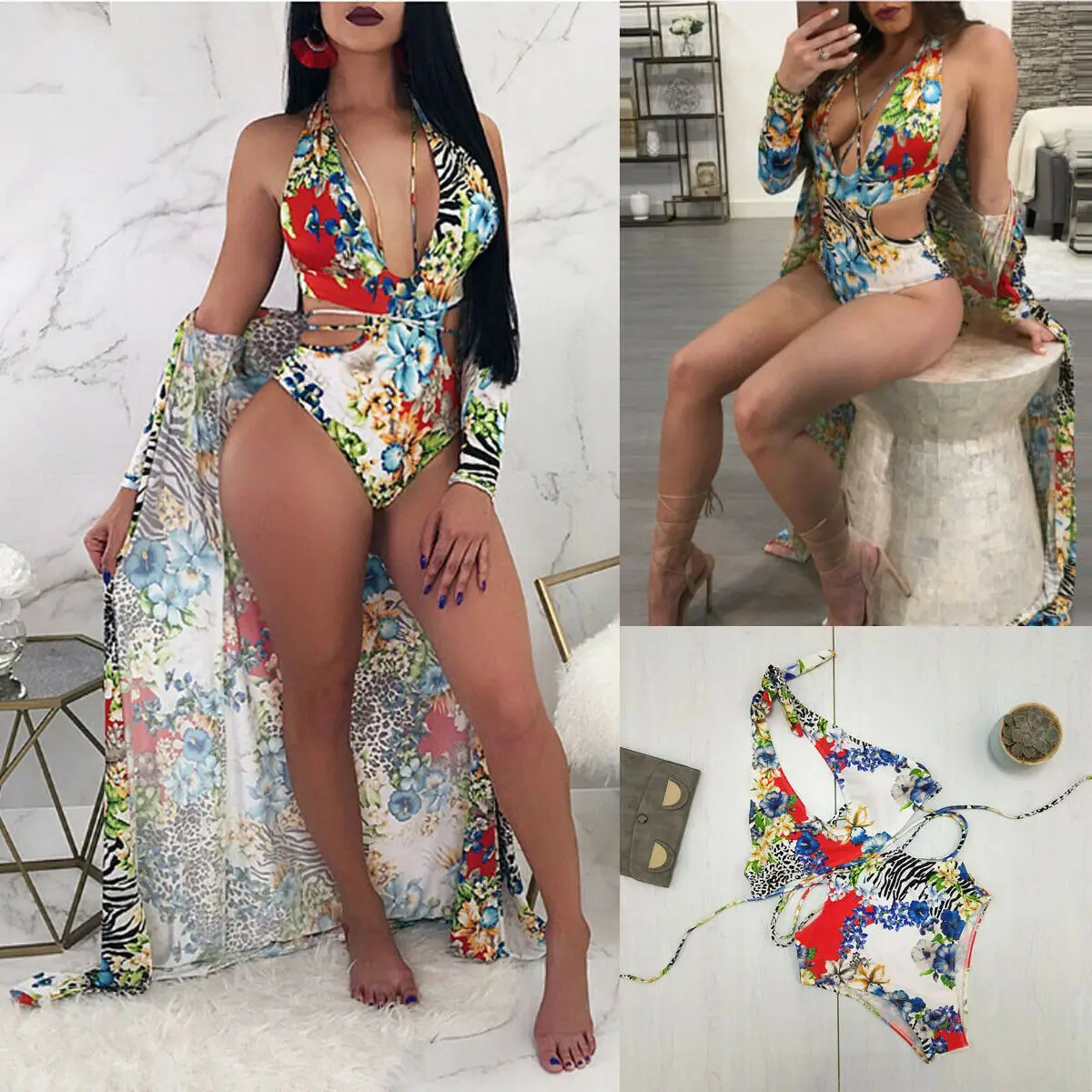 

Women sexy Bandage Bikini Sets Floral Print Monokini Swimwear Swimsuit Beachwear Padded Push Up Bikini
