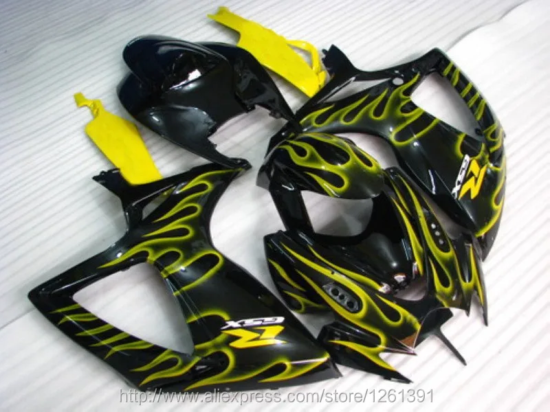 Впрыска ABS для SUZUKI K6 06 07 Желтый Пламя в черном цвете GSXR750 GSX-R750 GSXR 750 2006 2007 GSXR-750 обтекателя Кузов