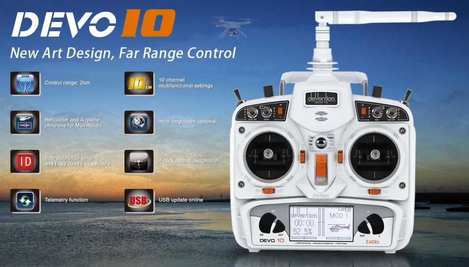 Walkera белый DEVO 10 2,4G передатчик 10 каналов с функцией телеметрии FPV версия RX1002 приемник