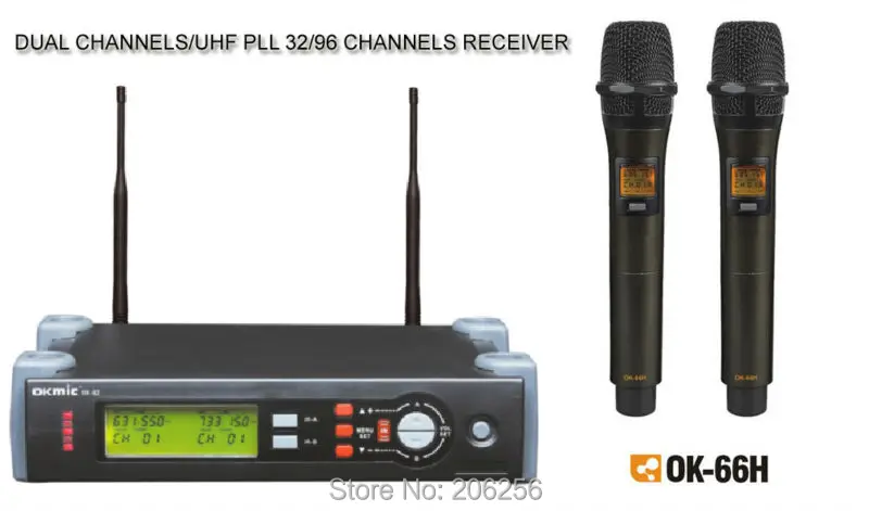 Горячая OK-82 66 H professional UHF/PLL Настоящее разнообразие Беспроводная микрофонная система, беспроводная 66 двойная ручной передатчик