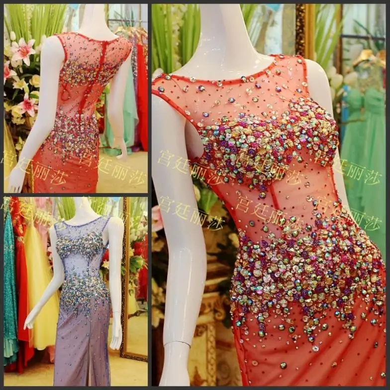 Роскошный кристалл rhinestone свадебные платья формальные невесты красный длинные сексуальные вечерние платья партии платья пром платья