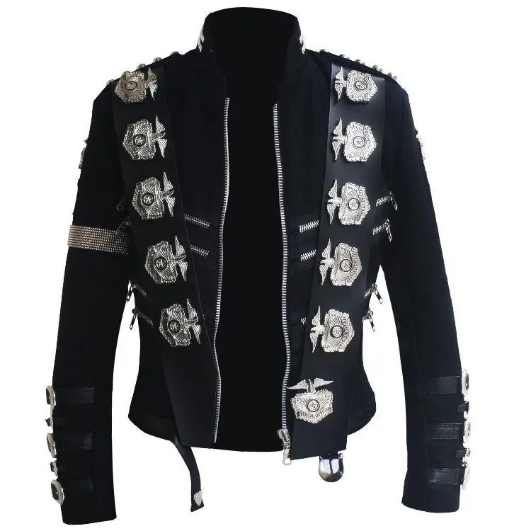 Rare MJ Michael Jackson BAD Black Classic Jacket With Silver Eagle Badges Punk Metal Fashion Badge woolen Clothing Show Gift