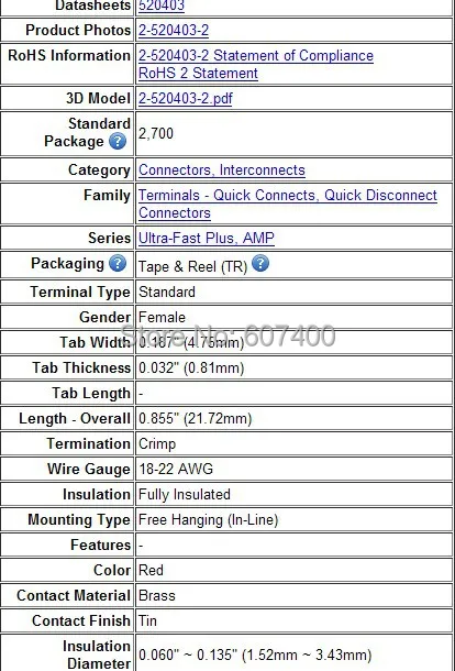 2-520403-2 CONN RECEPT FAST 18-22 AWG. 187 TYCO TE разъемы корпуса АМР терминалы новые и оригинальные детали