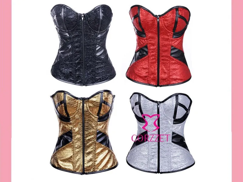 Для Похудения Body Shaper дамы молнии золото корсет Топ сексуальный ПВХ корсеты корсетные Для женщин Push Up Overbust Корсеты и бюстье S-XXL