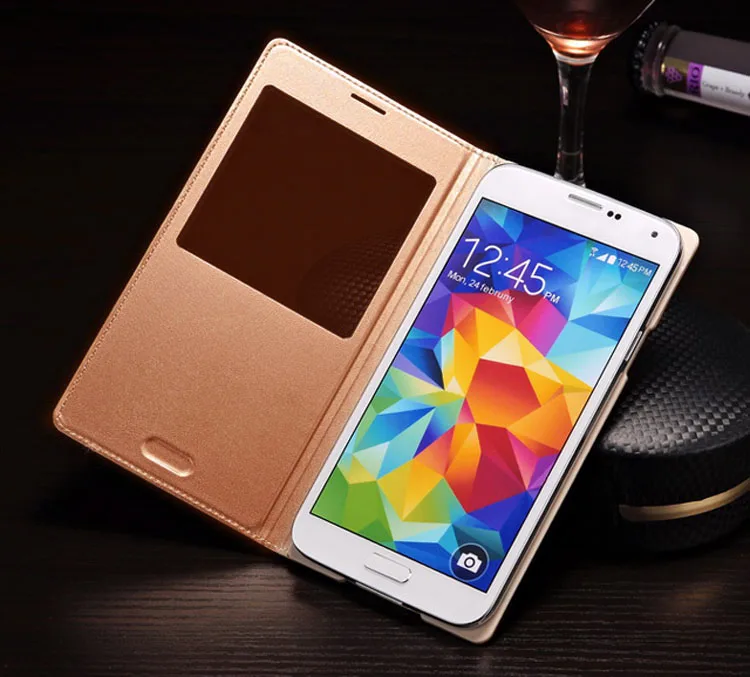 Smart View Auto Sleep Wake Function With Chip Leather Case Flip Cover Holster For Samsung Galaxy S5 I9600 G900 G900F G900H G900M