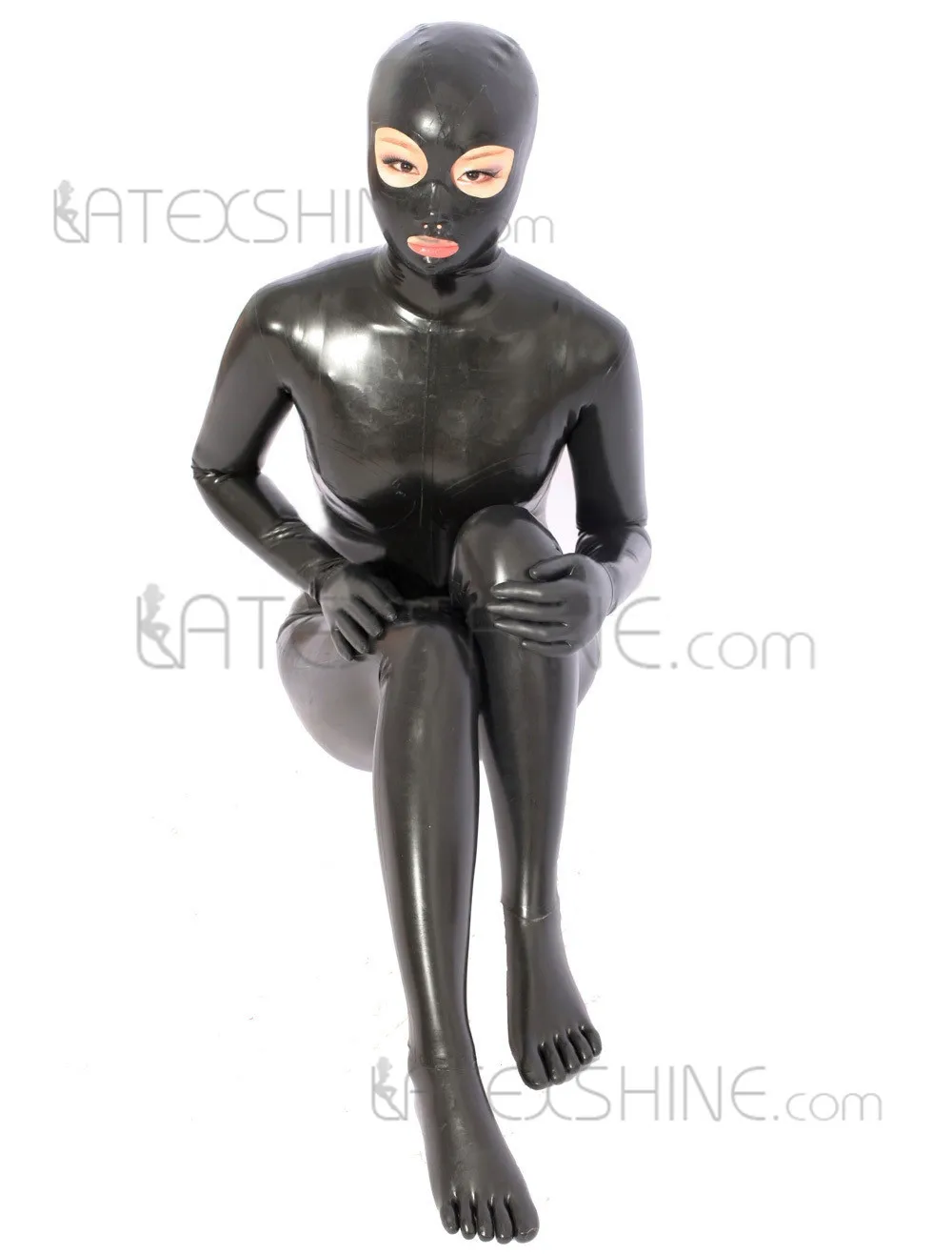 Sexy-Full-Body -Black-Women's Latex-Catsuit Open-Mouth and-Eyes-2