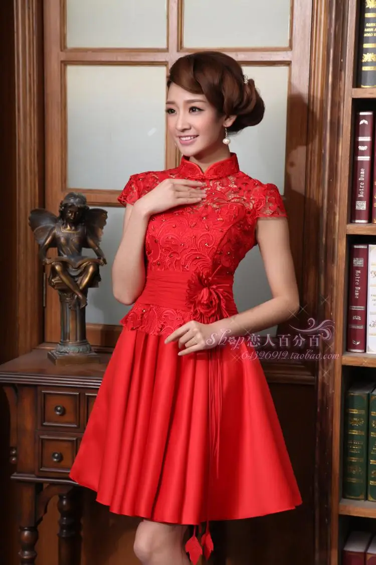 Бесплатная доставка, вечерние платья cheongsam с цветочным рисунком, новинка 2015, Модные Винтажные Красные кружевные короткие платья подружки