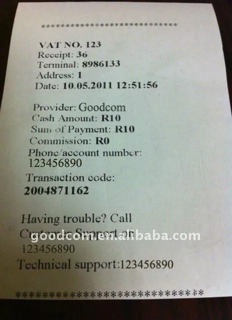 Airtime Recharge Terminal Printed Receipt