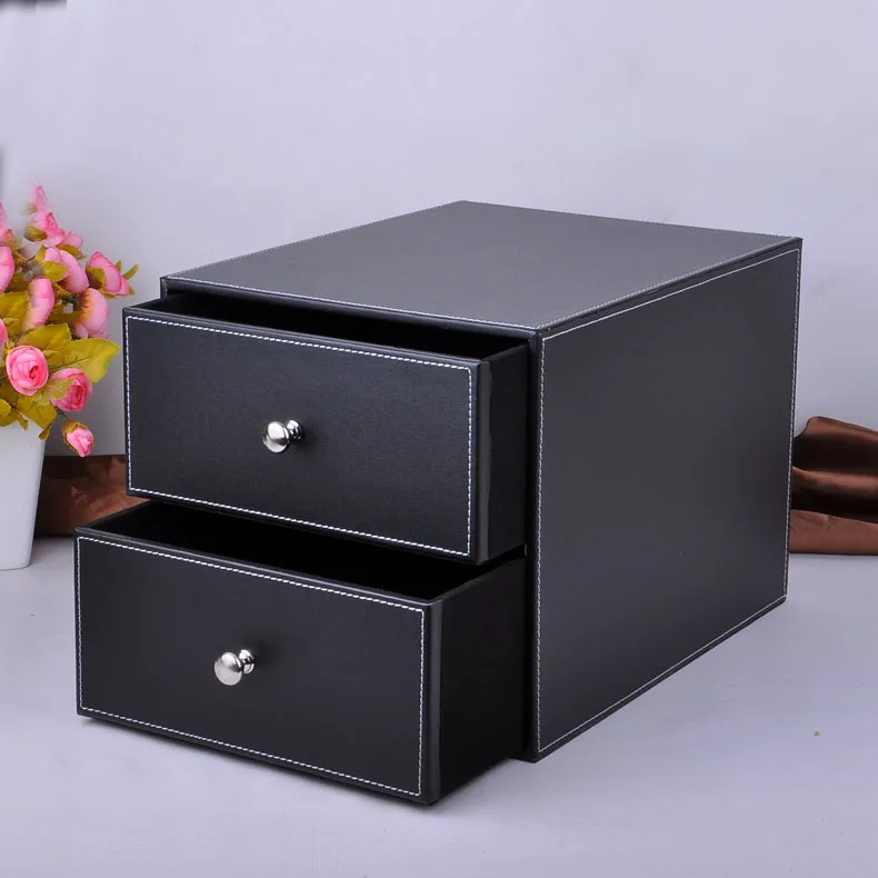 2 Layer Double Drawer Wood Structure Leather Desk Filing Cabinet