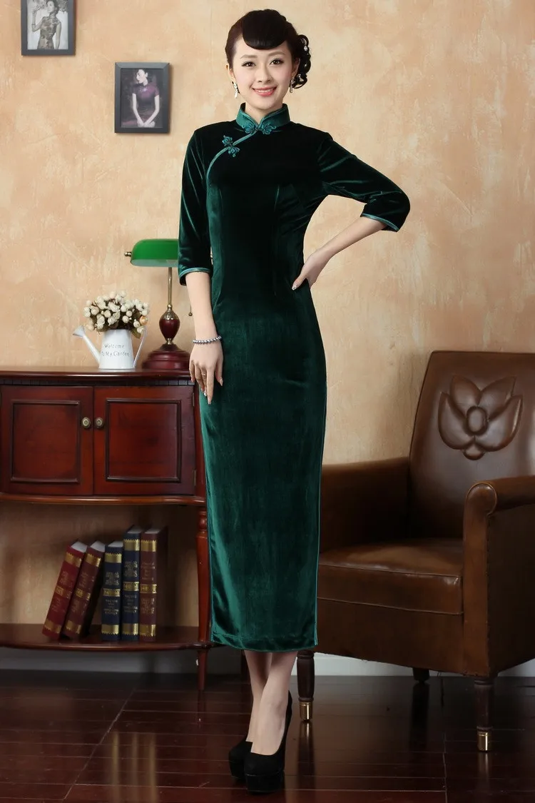 Шанхай история изысканный Китай Стиль Cheongsam платье, Женская мода осень Вышивка зимнее платье бархатное платье Qipao T0001