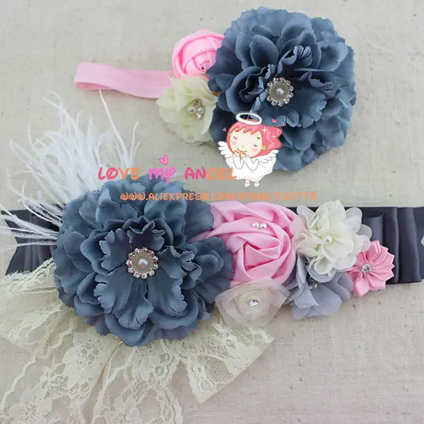 2pcs Set Grey Pink Ivory Baby Girl Flower Sash And Matching Headband 2pcs Set Grey Pink Ivory Baby Girl Flower Sash And Matching Headband