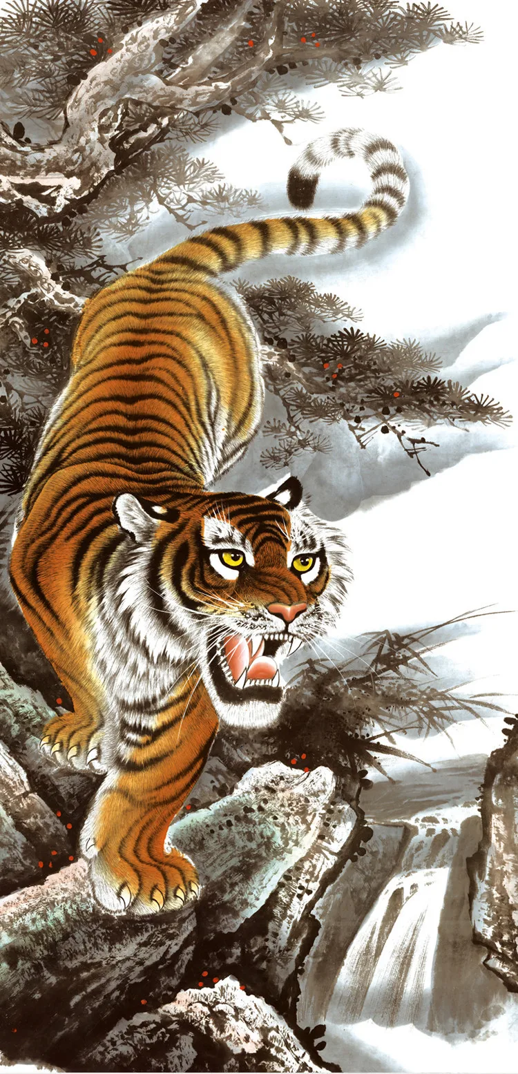 2016 Новинка! Большие настенные изображение реалистичным Tiger китайской живописи шелк прокрутки для Домашний Декор Животные Книги по