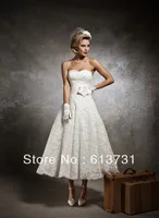 Wholesale - 2013 Short Beach Wedding Dresses Sexy Strapless Flower Sash Lace Tea Length Bridal Gown JA8632