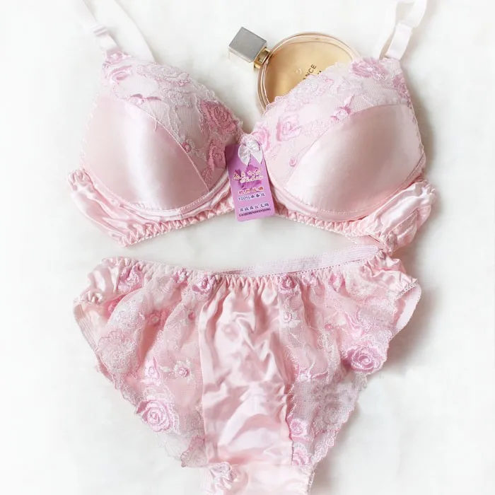 100% silk fresh lace embroidery bra set,100% natural silk bra&brief sets,pure silk double faced health underwear with wire plus size bra and panty sets