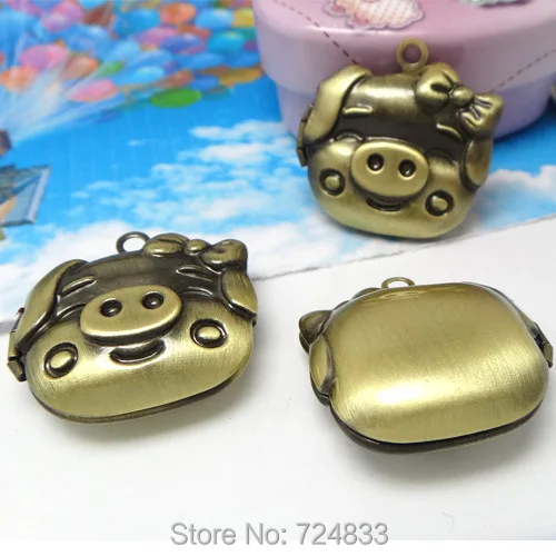 Винтажная Античная бронзовая Щетка Openable Cute Piglet Молитвенное желание коробка фото медальон рамка Подвеска европейские Подвески оптом